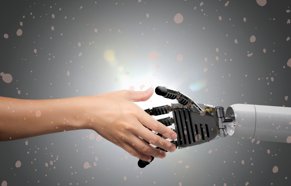 Robot and person shaking hands - Busy robots move century-old buildings in Shanghai