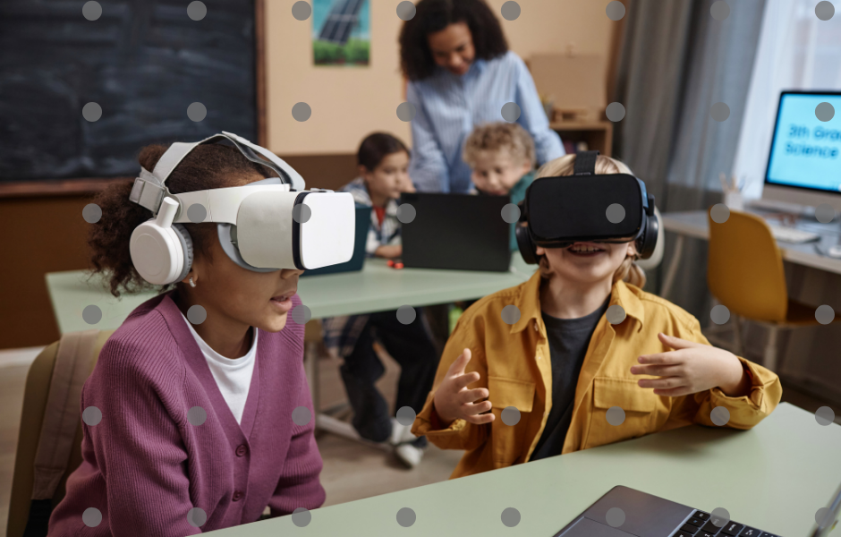 Kids in a classroom with VR headsets - A kid’s guide to virtual reality, and what can you do in it?