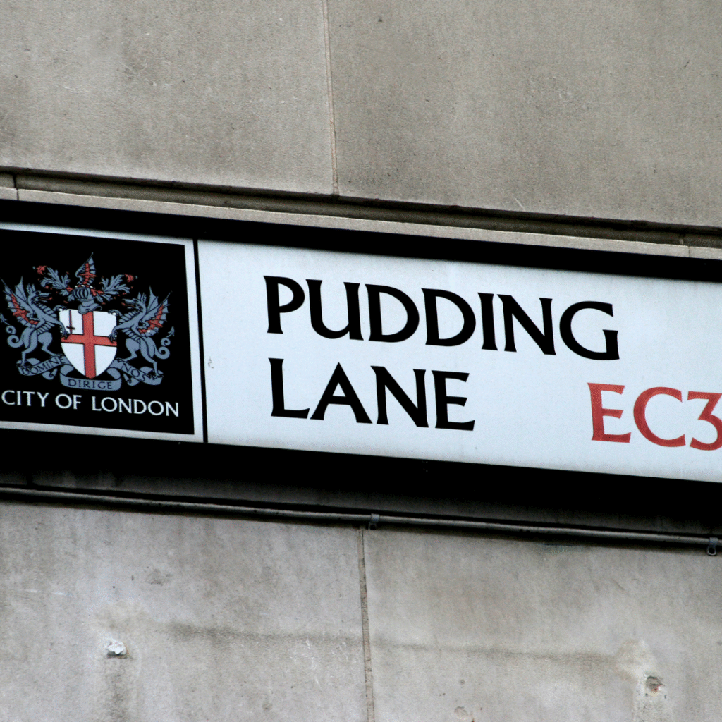 English news article for kids - The Great Fire of London Pudding Lane street sign - English news article for kids - The Great Fire of London