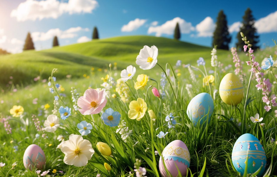 Grassy hills with flowers and painted eggs - What is Easter and why do people celebrate it with eggs and chocolate?